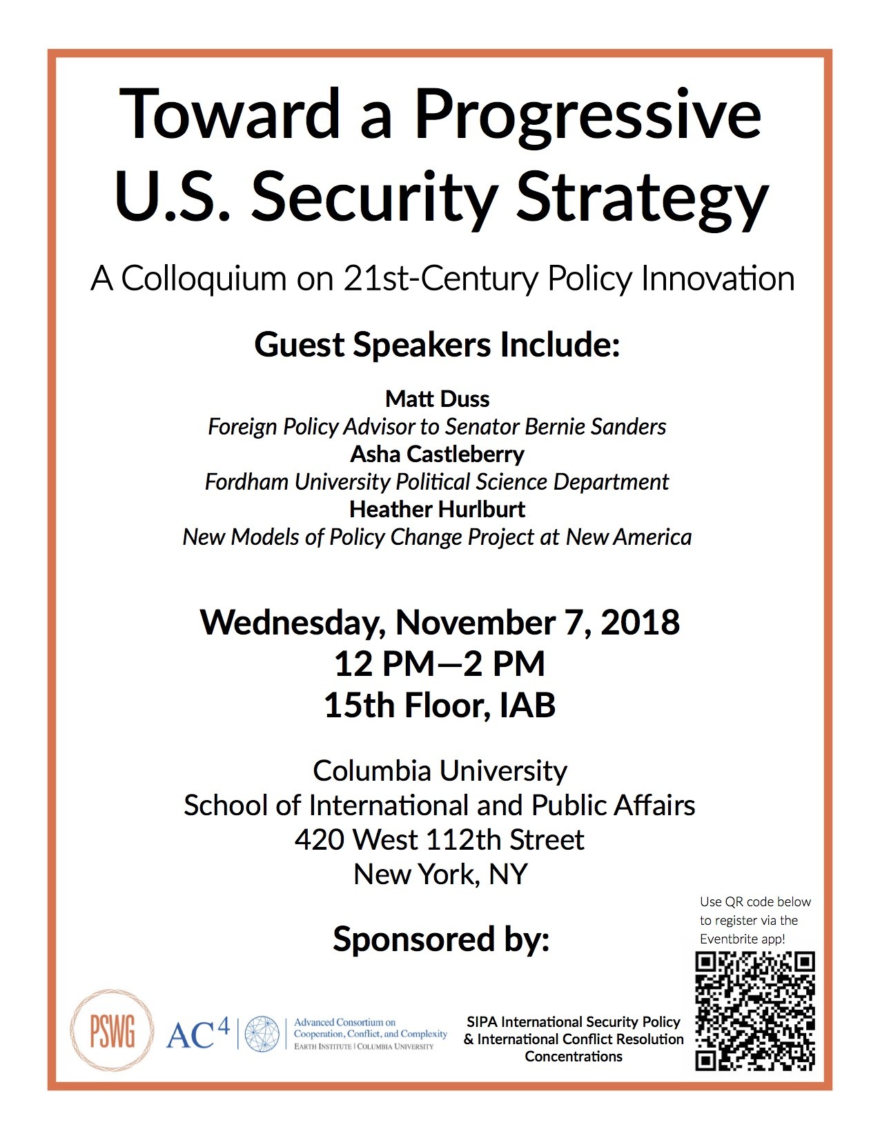 Flyer for the event "Toward a Progressive U.S. Security Strategy"