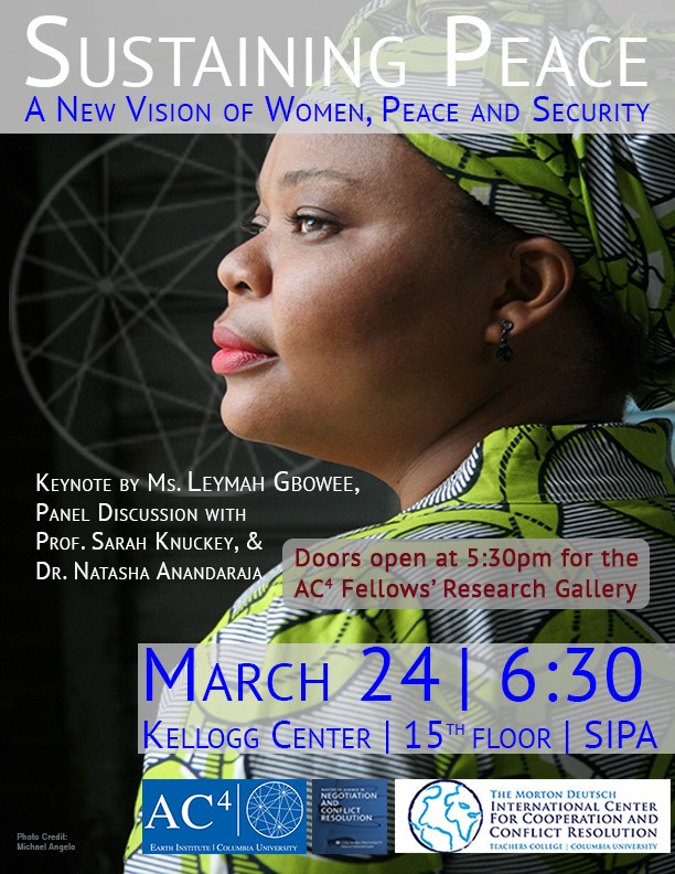 Flyer from the 2016 Sustaining Peace Forum: A New Vision of Women, Peace, and Security, with Leymah Gbowee