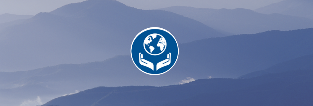 Complexity, Peace, and sustainability logo over blue mountains