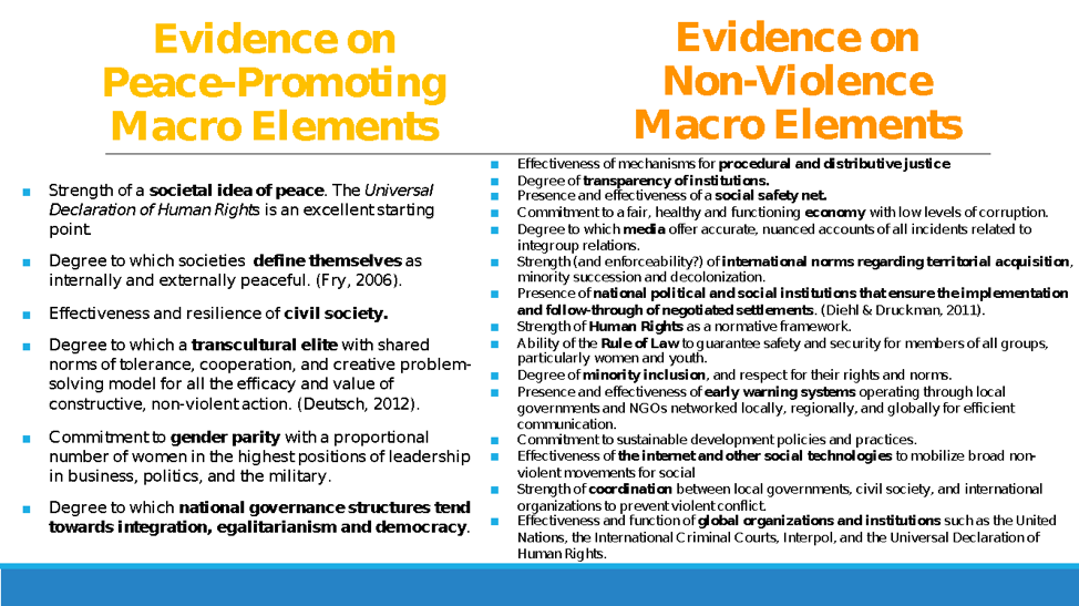 Information on evidence on peace-promoting and non-violence macro elements
