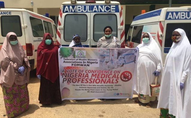 Members of the Federation of Muslim Women’s Associations of Nigeria stand in solidarity with Nigeria’s frontline healthcare workers.